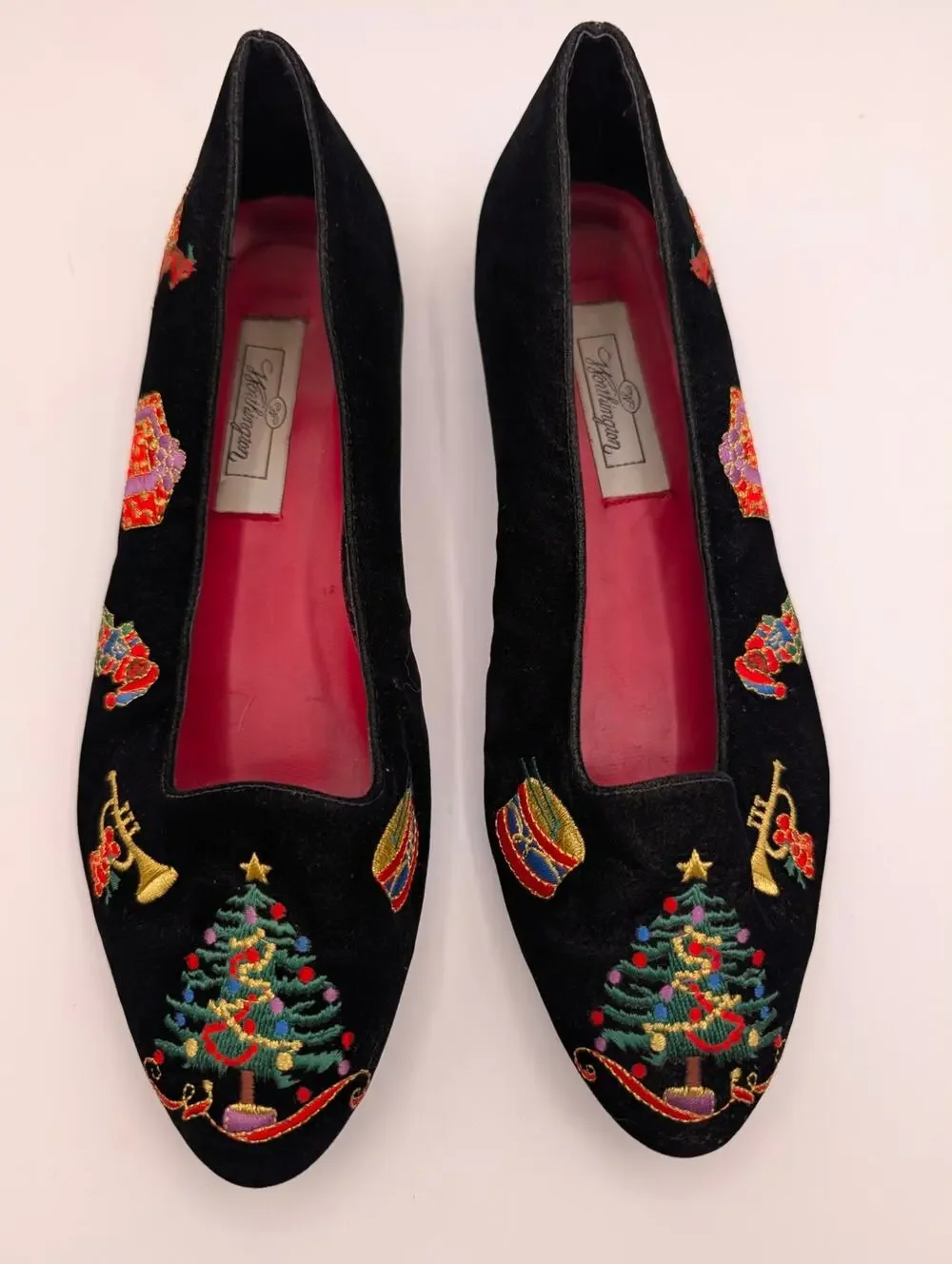 VTG Worthington Black Velvet Christmas Tree Holiday Loafer Flats Size 8.5